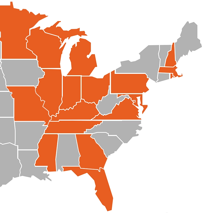 A map that shows the 19 states eTitle practices in highlighted in orange.